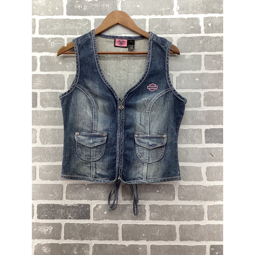 Harley Davidson Womens Denim Vest Blue Pink Rhinestone Zip Up Lace Back Large